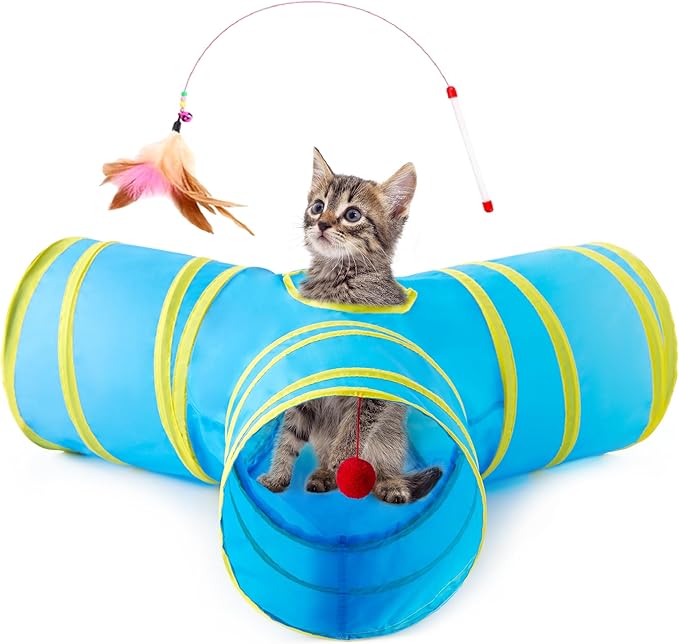 Love’s Cabin Cat Tunnel for Indoor Cats, 3-Way Collapsible Play Tunnel with Teaser Wand, Peek Holes & Toy Ball, Small Pet Toy for Kittens & Rabbits, Blue & Yellow, Small Size