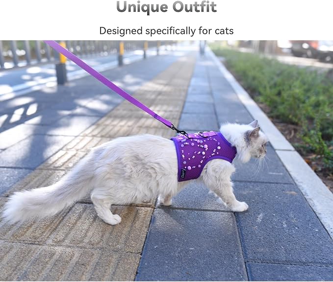 Cat Harness and Leash for Walking Escape Proof Breathable Mesh Fabric, Purple, XX-Large, Adjustable Cat Walking Jackets with DIY Beads, Padded Stylish Cat Vest