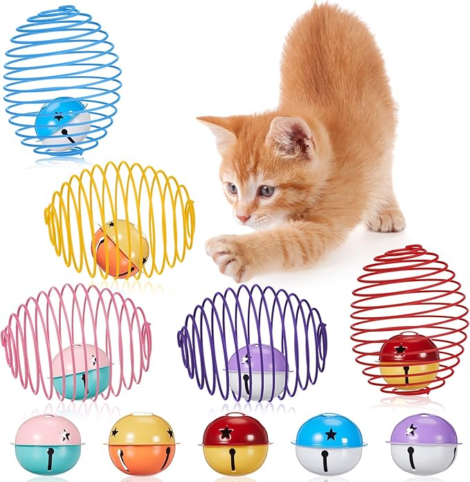 Jecery 5 Pcs Cat Spring Balls Toys Stretchable Rolling Balls Colorful Playful Coils Interactive Action Toy Caged Rats for Kitten Pet Supplies (Bell,Multicolor)