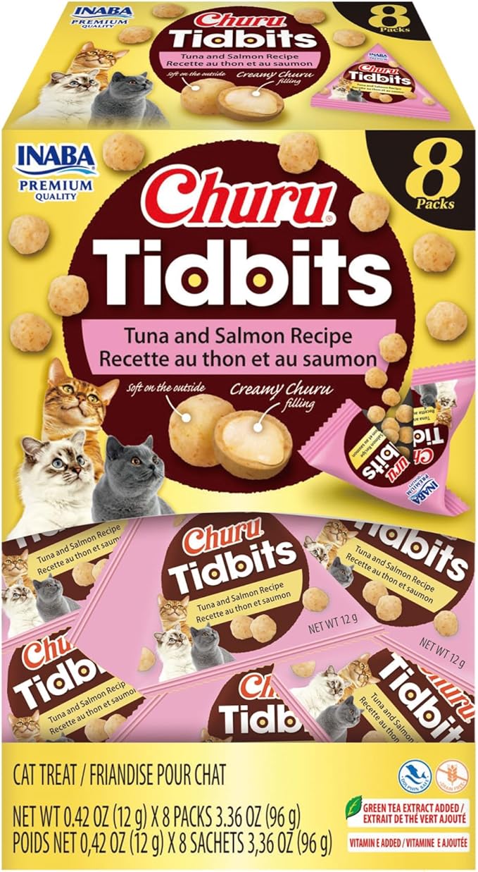 INABA Churu Tidbits for Cats, Soft & Chewy Churu Filled, Baked Chicken Cat Treats with Taurine & Green Tea Extract, 0.42oz per Pack, 8 Packs Total, Tuna & Salmon Recipe