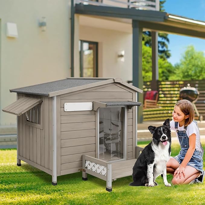 41" L Outdoor Large Dog House with Porch, Removable Floor, Raised Feet, Anti-Chewing Iron Frame - Wooden Kennel with Asphalt Roof, Window for Indoor/Outdoor Use, Ideal for Medium to Large Dogs