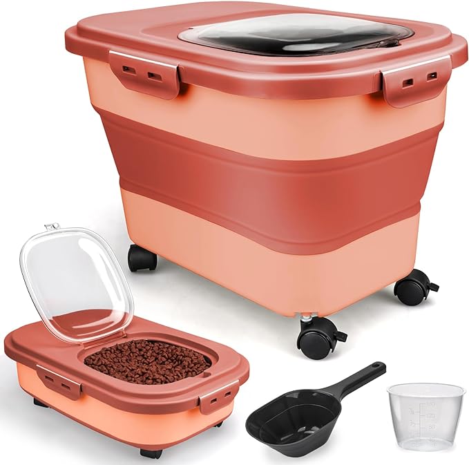 Dog Food Storage Container, 10-20Lbs Collapsible Pet Food Storage Containers with Rolling Wheel Airtight Locking Lid, Dry Food Storage Bin with Cup and Scoop,Suitable for Pet Food, Rice, Flour