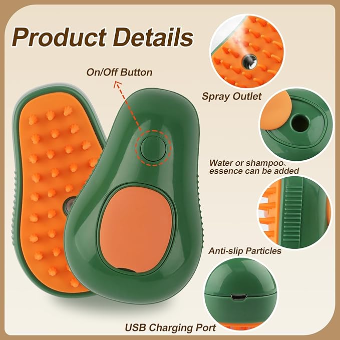 Cat Steam Brush, 3 in 1 Cat Steamy Brush, Silicone Massage Grooming Comb, Pet Hair Cleaning Misting Comb for Kittens(Avocado Green)
