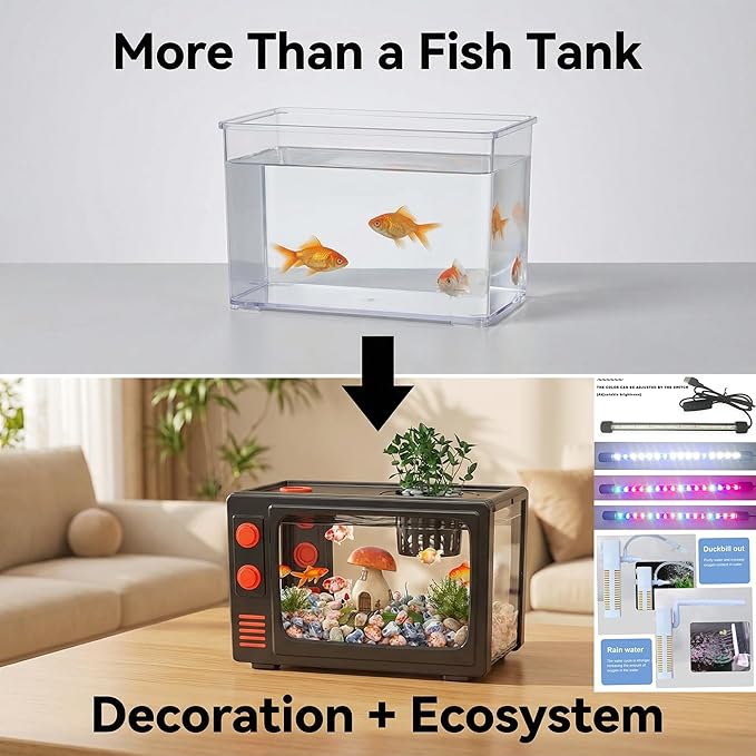 3 Gallon Fish Tank Aquarium Kit with LED Lights, Filter & Plant Planter - Retro TV Shaped Design Desktop Water Garden for Betta/Goldfish (Black - 3 Gallon)