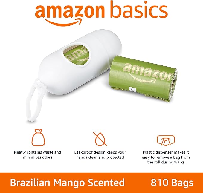 Amazon Basics Dog Poop Bags with Dispenser,Enhanced for Guaranteed Leakproof,Brazilian Mango Scented,Includes Leash Clip, Total 4860 Count, 15 Count (Pack of 324)