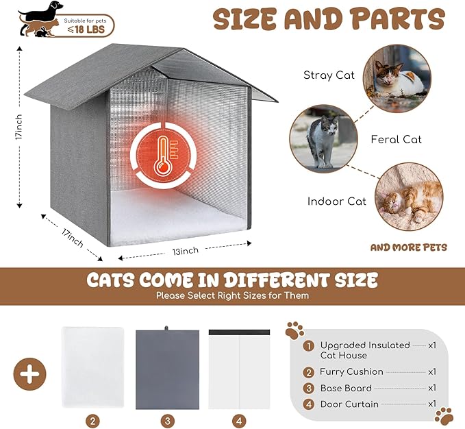 Insulated Outdoor Cat House Weatherproof, Winter Cat Dog Houses for Outdoor Cats with Heated-Foil, Waterproof Feral Stray Cat Shelter with Door Curtain and Warm Mat, Easy to Assemble, Grey