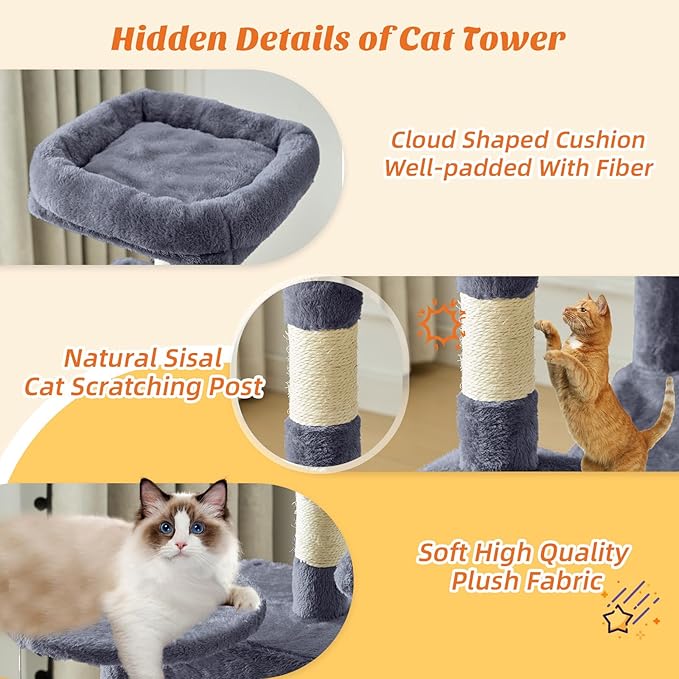 Sweetcrispy 44 Inch Cat Tree Tower, Cat Climbing Tower with Natural Sisal Scratching Posts, Hammock, Pet Condo for Indoor Cats and Kittens Play, Dark Grey