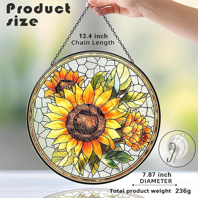 Sunflower Suncatcher Stained Glass Window Hanging Decor-Vibrant Sun Catchers for Indoor Windows, Unique Gifts for Plant Lovers, Housewarming, Birthday or New Home Celebration, Sunny Summer Decoration