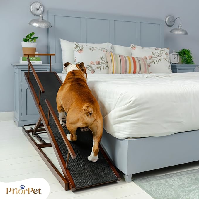 Dog ramp for Bed - PRIORPET Birchwood Adjustable Ramp for Dogs to Get on Bed: Dog ramps for High Beds up to 37 Inches – Foldable Ramp, Anti-Slip Grip & Safety Rails, Small Dogs Up to 120lbs – Walnut