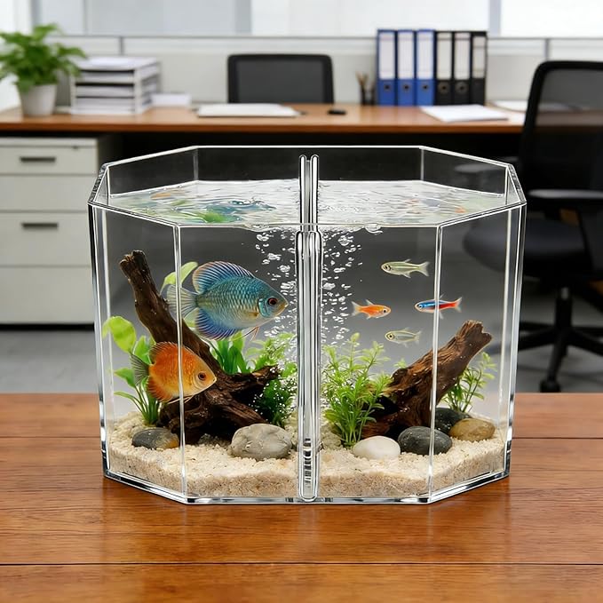 Totority Box Octagonal Fish Tank Betta Fish Bowl Small Containers Shrimp Tank Baby Cart Covers Turtle Tank Betta Fish Tank Fish Breeding Tank Betta Tank Acrylic Self-Cleaning