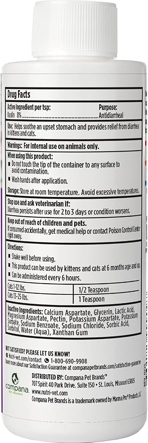 Nutri-Vet Anti-Diarrhea Liquid for Cats,Gentle Formula with Pectin and Kaolin,Soothes Upset Stomach & Irritated GI Tract,Slows Stool Passage,Cat Essentials,Detoxifies Bacterial Toxins,4oz,(Pack of 2)