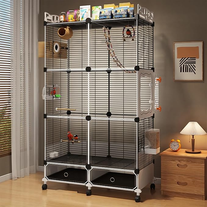 Large Parrot Cage with Acrylic Doors, 4 Casters, Perch & Feeder, Detachable Drawer, Ideal for Cockatiels, Budgies, Conures, Indoor/Outdoor Use – Spacious White Birdcage (Black, 72 * 36 * 142)