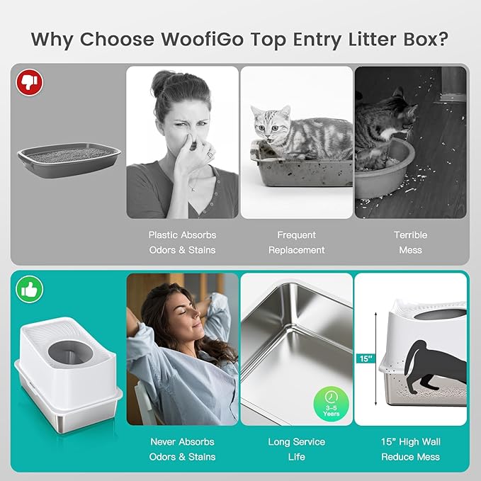 Stainless Steel Cat Litter Box, Large Top Entry Litter Box for Big Cats, Enclosed Kitty Litter Pan with Lid, Metal Cat Box Never Absorbs Odors, Easily Cleaning, Include Scoop