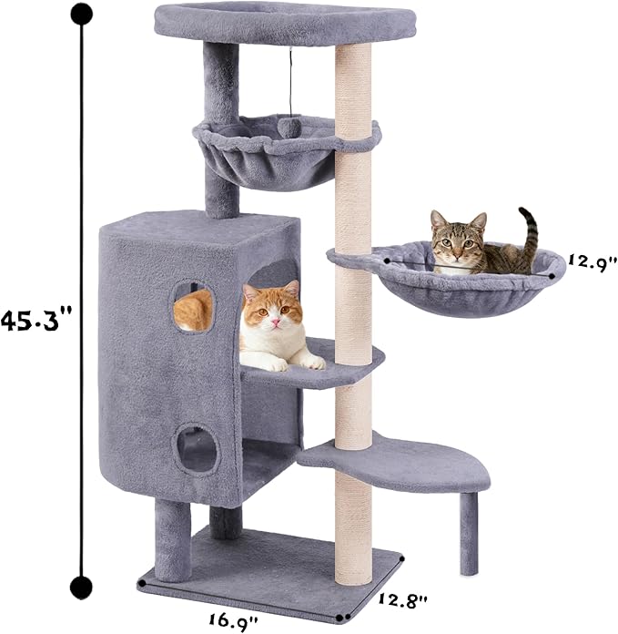 45in Cat Tree Tower with Big Condo for Indoor Cats,Cat Tower with Scratching Post,Scratching Board and Cat Toys,Multi-Level,Small Space,Transformer Cat Tree (Grey+)