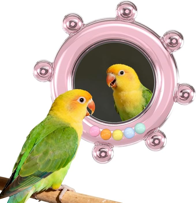 Bird Mirror Toys for Cage,Parakeet Rotating Sound Wheel Toy,Budgie Training Colorful Interactive Chew Toys for Canaries Lovebirds Conures Cockatiels cage Accessories (2, Pink)