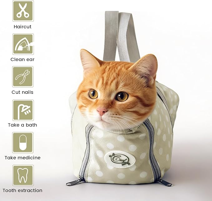Cinf Cat Nail Clipping Cleaning Grooming Restraint Bag （Free Muzzle） No Scratching Biting for Bathing Nail Trimming Injecting Examining((Beige Gray&Dot,M)