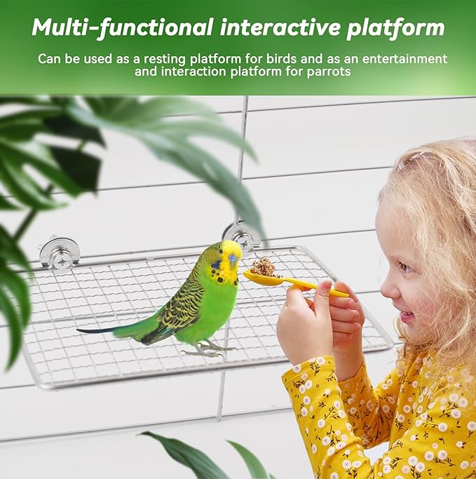 Platform Perch for Parrots,7.87 x 5.90 Inch Bird Flat Perches Stainless Steel Budgie Stand Shelf Rectangle Anti-Chewing Bird Cage Accessories for Small Cockatiel Budgie