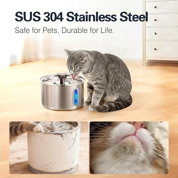 3L/101oz Stainless Steel Cat Water Fountain for Indoor Use - Ultra Quiet Automatic Cat Fountain for Drinking, BPA-Free Pet Water Dispenser for Cats/Small Dogs LED Window (2 Filters & 2 Sponges, Large)