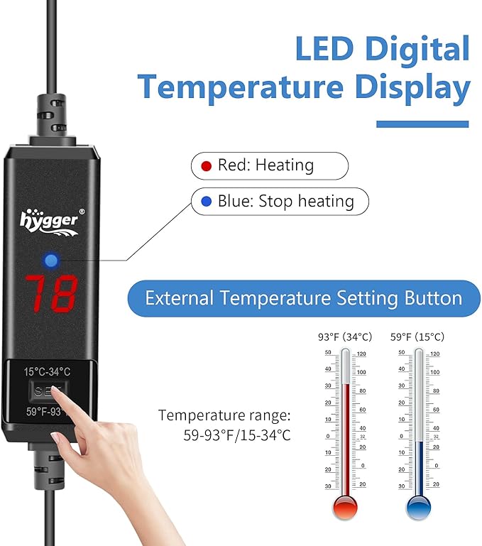 hygger Small Aquarium Betta Heater, Submersible Fish Tank Heater 10W/25W/50W/100W with LED Digital Display, Suitable for Marine Saltwater and Freshwater up to 5/10/16/26 Gallon