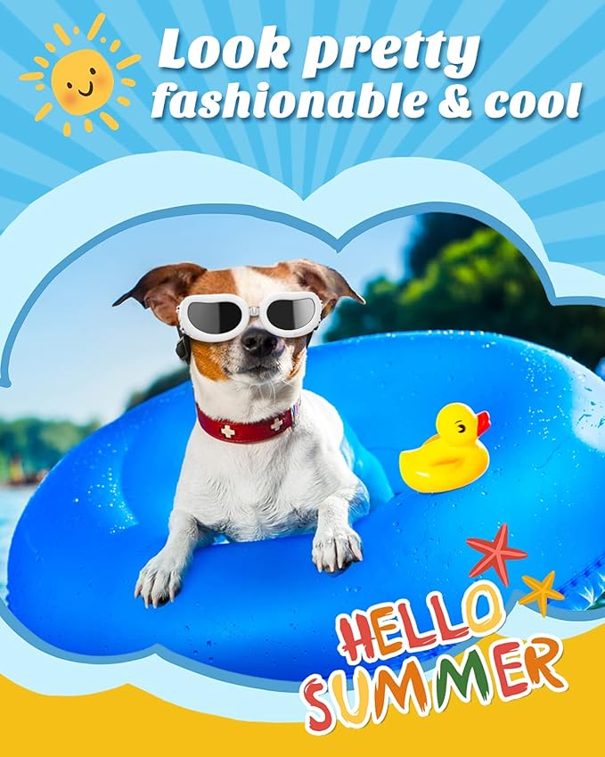 Lewondr Small Breed Dog Goggles - UV Protection Sunglasses with Adjustable Strap, Windproof, Anti-Fog for Small Dogs, White