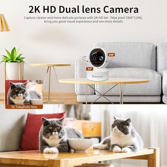 VSTARCAM 2K HD Pet Camera with Phone App, Indoor Camera for Home Night Vision, 2-Way Audio, Motion Detection, 2.4G WiFi Dual Monitor, 7/24 Recording, Cloud/SD Card Storage