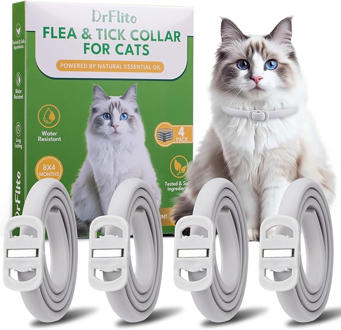4 Pack Natural Flea Collar for Cats – 8 Months Long-Lasting Protection, Waterproof Cat Flea Collar, Adjustable Cat Flea and Tick for Kittens & Adult Cats