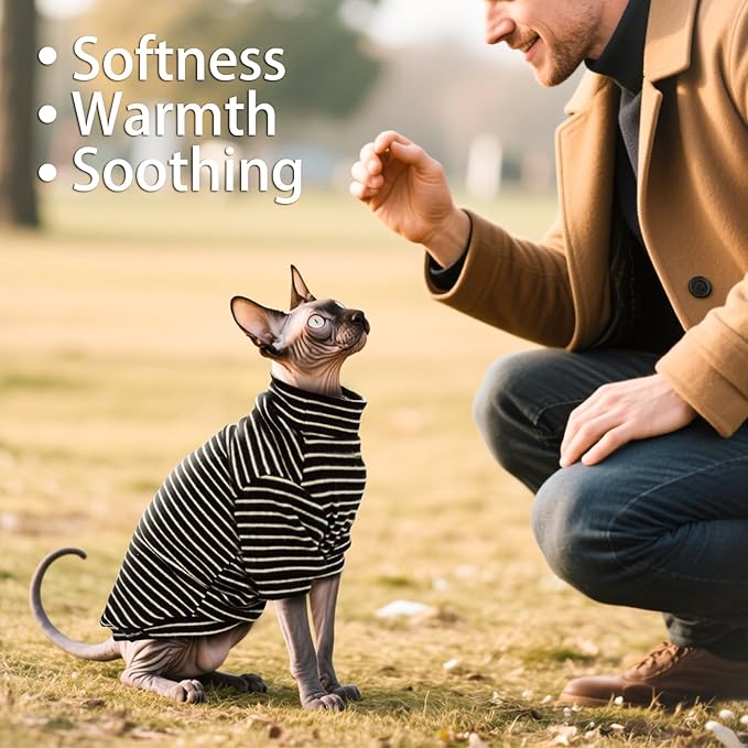 Sphynx Cat Sweater Hairless Cat Clothes Sweater Shirt Soft Warm Long Sleeves Pullover Pet Clothes Pajamas Dog Cloth for Small Dogs Jumpsuit Pet Sweaters (B&W Striped, X-Large)