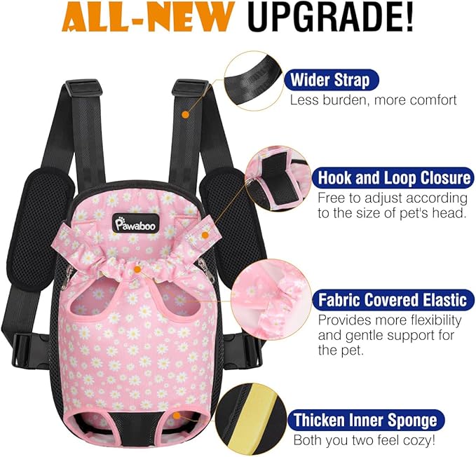 Pawaboo Dog Carrier Backpack, Dog Travel Carrier Backpack Cat Bag, Legs Out, Adjustable Pet Front Backpacks for Traveling Camping Hiking for Small Medium Dogs Cats Puppies, L, Black+Pink Daisy