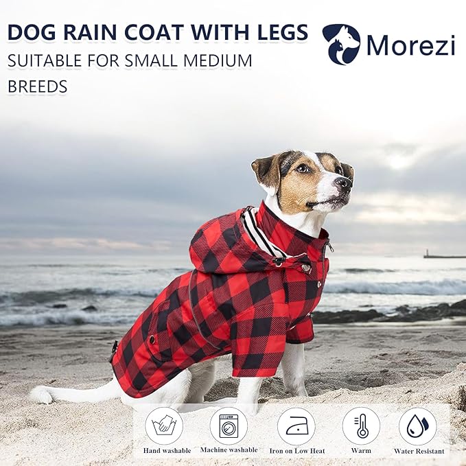 Dog rain Coat Waterproof Raincoat Puppy Jacket with Legs Buttons Zipper Hood Drawstring Fit for Yorkie Terrier Schnauzer Poodle Border Collie Labrador Golden Retriever 8lbs to 80lbs Red M