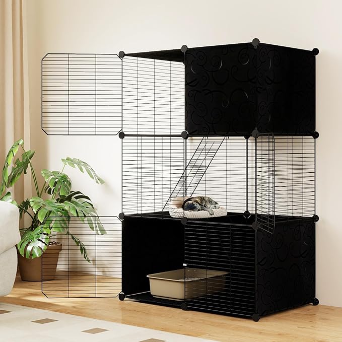 PETSITE Cat Cages Indoor, 3-Tier DIY Cat Enclosure with 2 Ladders, Detachable Metal Wire Kennel Catio with 3 Lockable Doors, Ideal for 1-3 Cats or Other Small Animals, 29 x 18.5 x 43 in