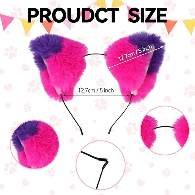 5Pcs Pink Purple Striped Cat Costume Set, Halloween Costume with Plush Ears, Adjustable Tail, Knee Socks, Gloves, Collar, for Women, Girls, Halloween Cosplay Party Outfit