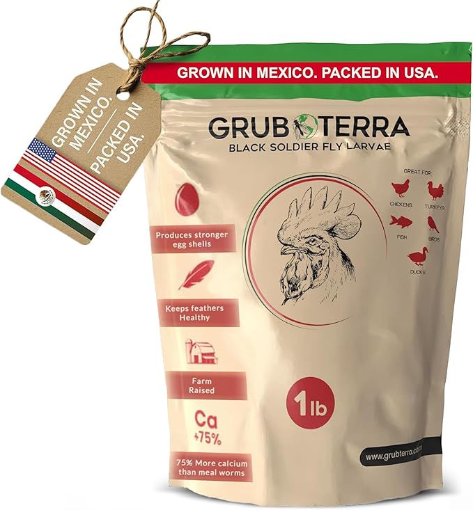GrubTerra Black Soldier Fly Larvae for Chickens – Dried BSFL Poultry Treat, High Protein Calcium Feed Supplement for Laying Hens, Backyard Chickens, Sourced from Mexico, Not from China - 1LB