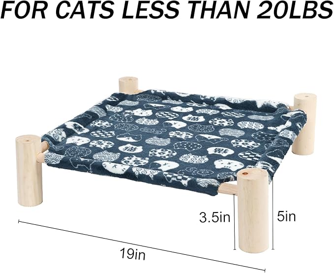 Patas Lague Cat and Dog Hammock Bed for Small Dogs, Flannel Fleece Wooden Cat Pet Rabbit Elevated Bed Cots Furniture for All Seasons Blue