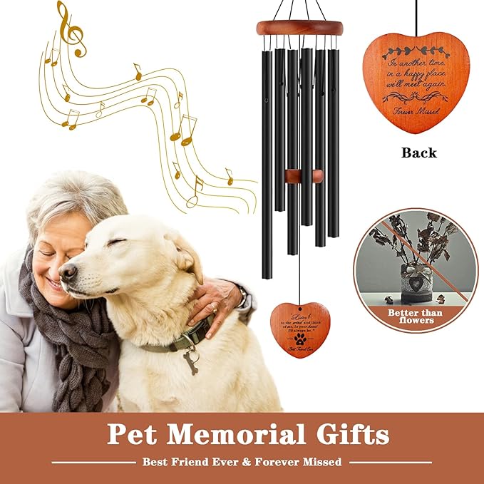 Dog Memorial Gifts, Pet Memorial Gift, 28" Black Dog Memorial Wind Chime, Pet Loss Remembrance Passing Away Gift