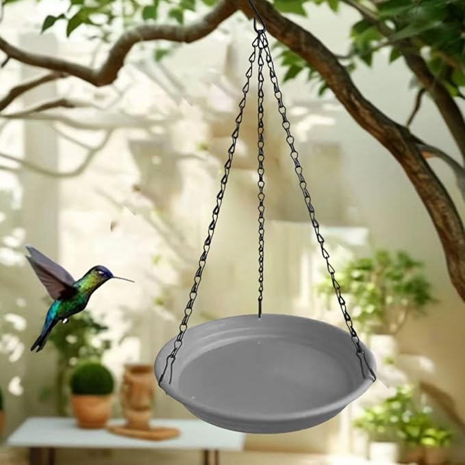 Hanging Bird Feeder and Waterer Tray Water Feeding Bowl Garden Decor with Chains Sturdy Birds Water Station for Backyard Yard, Grey