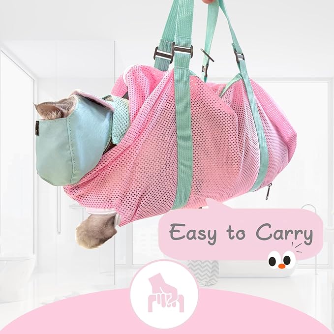 Cinf Cat Bathing Bag(Free Muzzle) Breathable Mesh Anti Scratch Adjustable Cat Grooming Bag for Nail Trimming, Bathing Soft Cat Washing Bag(Spring) L