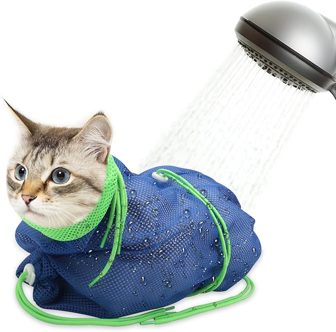 Cat Bathing Bag, Breathable Mesh Cat Shower Bag Anti Scratch Adjustable Cats Grooming Washing Bag for Nail Trimming Polyester Soft