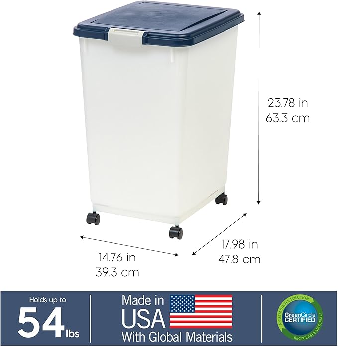 IRIS USA Dog Food Storage Container, Up to 54 Pounds, Attachable Wheels, For Dog Cat Bird and Other Pet Food Storage Bin, Keep Fresh, Easy Mobility - Made in USA, Navy