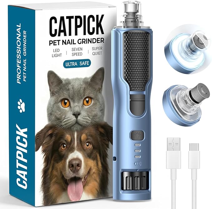7-Speed Dog & Cat Nail Grinder with Light - Ring LED Safe to Avoid Overcut, Quiet Low Vibration & Powerful Fast, Cordless Rechargeable Toenail Trimmer for Small & Large Puppy Paws