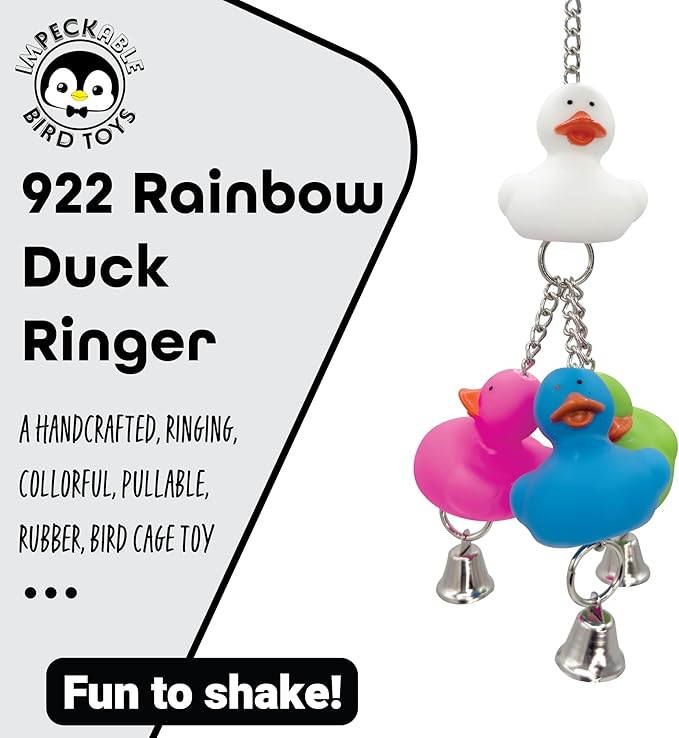 922 Rainbow Duck Ringer Bird Toy 8" - Handcrafted Hanging Rubber Ducky Cage Accessory with Bells for Budgies, Conures Lovebirds & Cockatiels - Interactive Sensory Play & Foraging Fun for Small Parrots