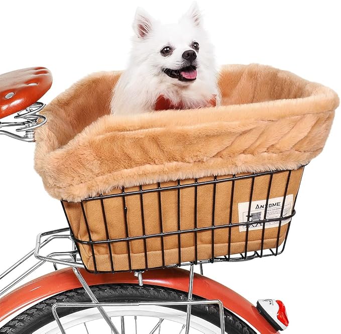 ANZOME Dog Bike Basket Liner (Liner Only), Soft Sherpa Padded Cover for Wire Bicycle Baskets, Warm Winter Pet Carrier Insert Bed with Durable Canvas & Elastic Fit (Brown)