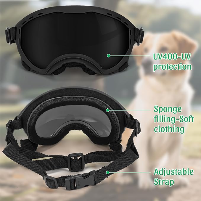 Dog Goggles for Large Dogs, Dog Sunglasses for Eyes Protection, UV Protection for Medium/Large Pet Outdoor, Windproof Anti-Fog Snowproof, Black