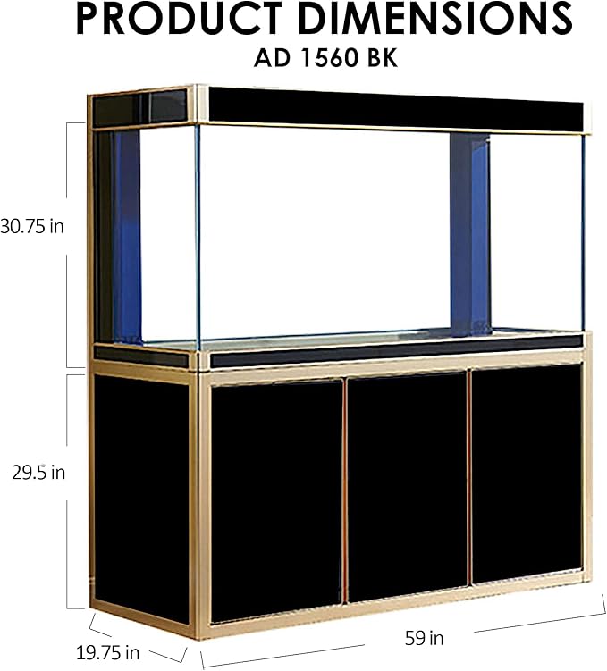 175 Gallon Glass Aquarium with Aluminum Cabinet - Including Sump for Filtration and Circulation, Plumbing, LED, Black with Gold Trim