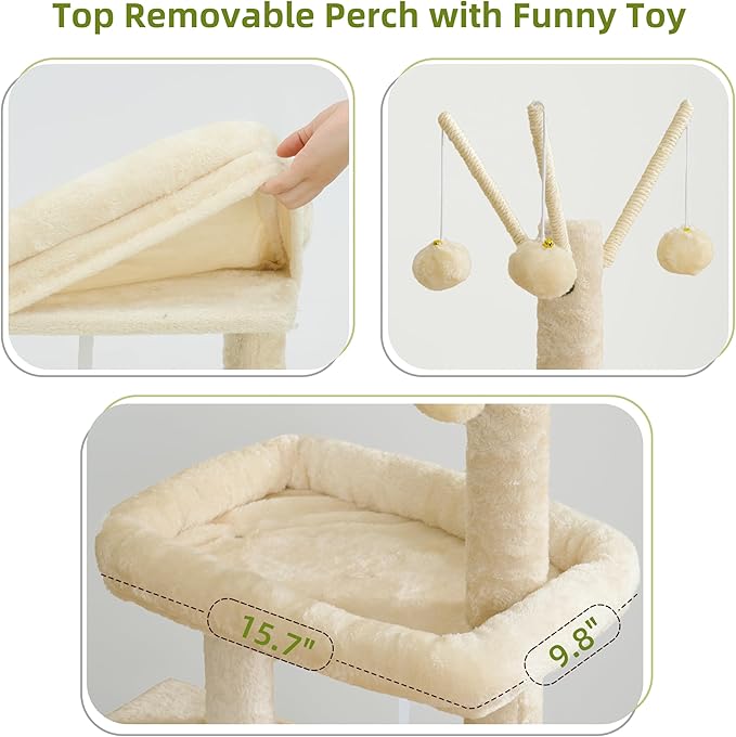 Cat Tree for Indoor Cats, Cat Tower with Scratching Post for Small Cats and Kittens, Cat House with Removable Top Platform and Fluffy Balls, Hanging Cat Basket, Beige GCT006SM