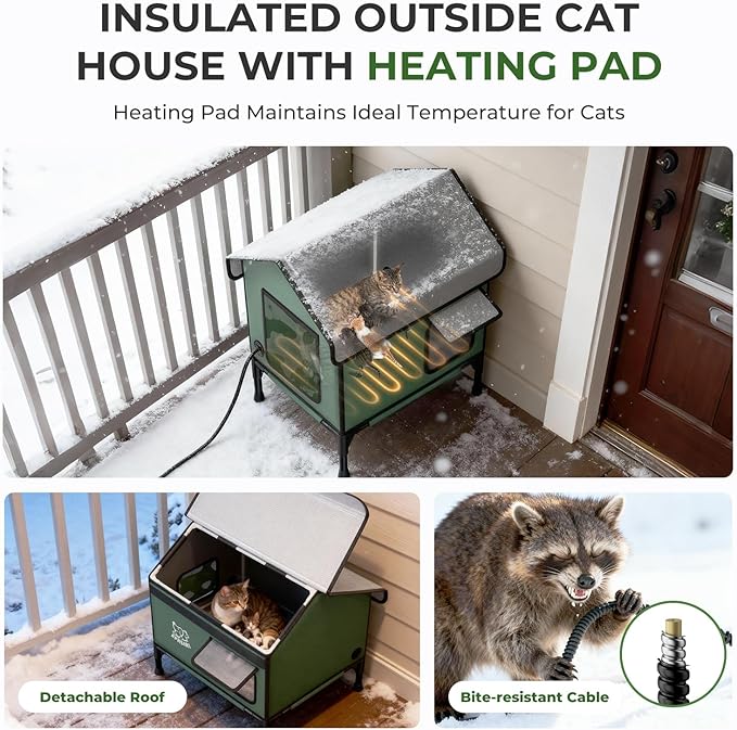 Apasiri Heated Outdoor Cat House Weatherproof - Insulated Cat Shelter with Thermostatic Heating Pad, Water Resistant 900D Oxford Feral Cat House with Anti-Peep Curtains Escape Door for Winter, Small