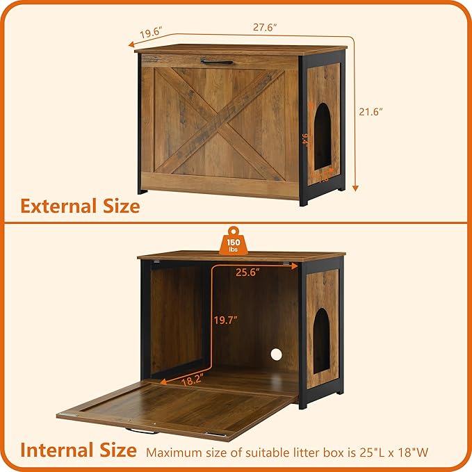 Dwanton Cat Litter Box Furniture Hidden, Cat Litter Box Enclosure, Reversible Entrance Can Be on Left or Right Side, Indoor Cabinet, Wooden Washroom, End Table, Nightstand, Warm Brown, 27.6" L
