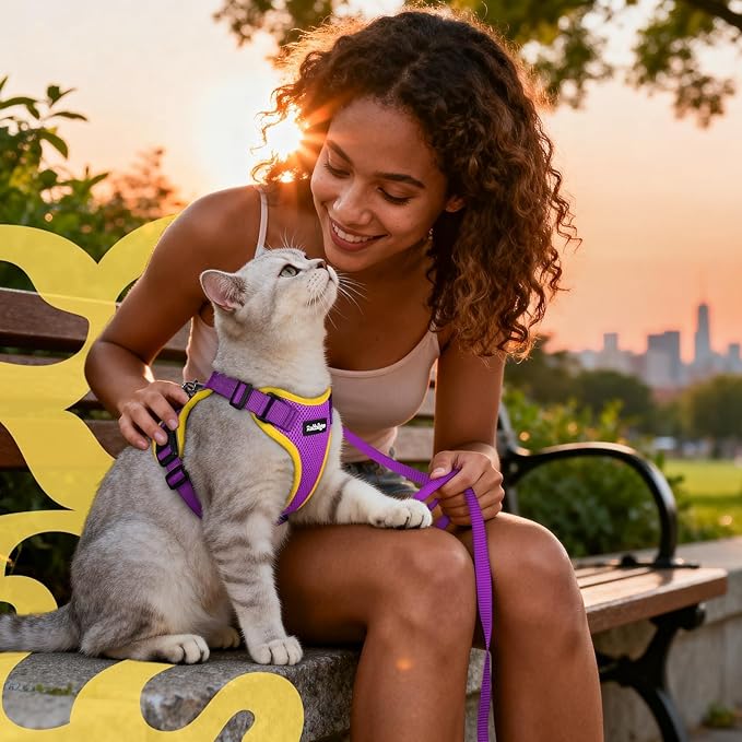 rabbitgoo Cat Harness and Leash for Walking, Escape Proof Soft Adjustable Vest Harnesses for Cats, Easy Control Breathable Reflective Strips Jacket, Purple&Yellow, M