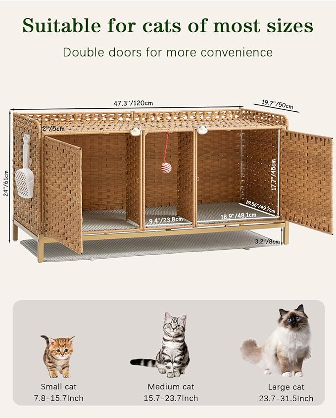 Cat Litter Box Enclosure for 2 Cats, Hidden Litter Box Furniture with Mat, Large Rattan Cat House with Double Room and Door, 47.3 L x 19.7 W x 24 H, 2 S-Shaped Hooks for Living Room Natural