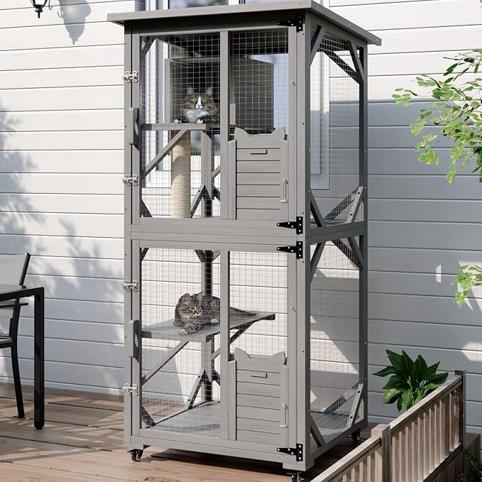 OFIKA Outdoor Catio Cat Enclosure with Waterproof Roof,Platforms,Upgraded Resting Box, 70.4’’cat Houses & Condos on Wheels for Outdoor Patio,Cat Window Box,Scratching Post（Grey0）