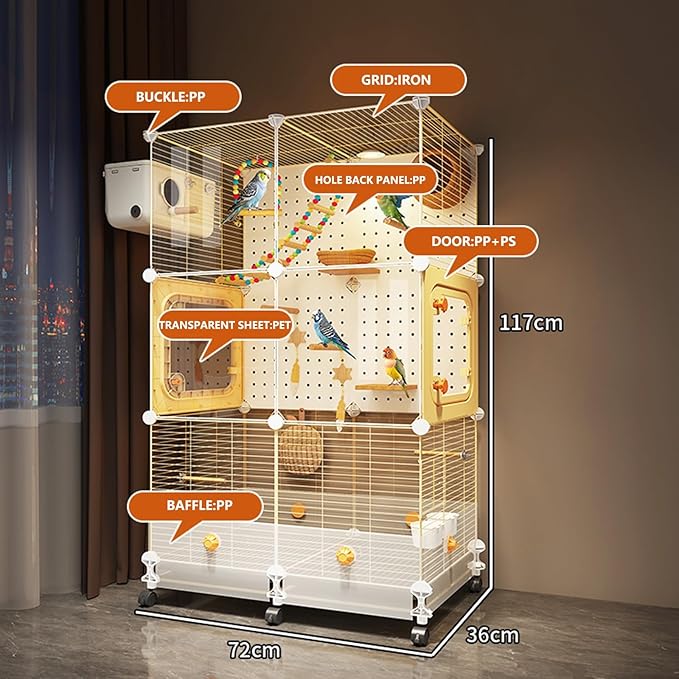 Large Bird Cage for Parrots/acrylic+birdcage,Cockatiels/Budgies with Acrylic Doors & 4 Casters, Wide White Birdcage Includes Perch/Feeder/Swing/Detachable Drawer for Outdoor/Indoor Conures (72*36*117)